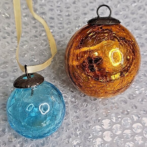 Crackle Glass Pair Christmas Ornaments 2pcs Blue And Gold - Picture 1 of 11